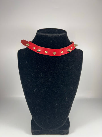 Red and Gold Spiked Leather Choker