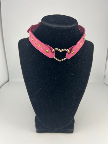 Pet Name Pink Leather Heart Ring Choker with Rhinestone Rivets